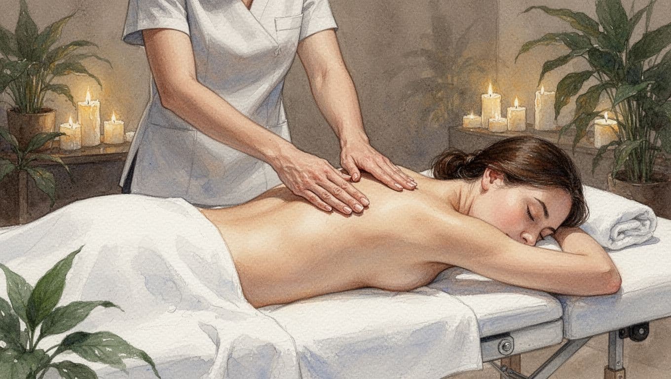 Massage therapist applies gliding strokes to client's upper back on draped table in serene spa with candles and plants.