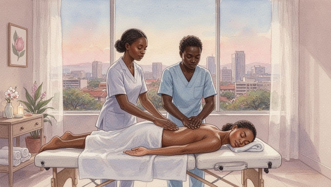 Massage therapist gives Swedish massage to client on table in spa room with Nairobi view through window.