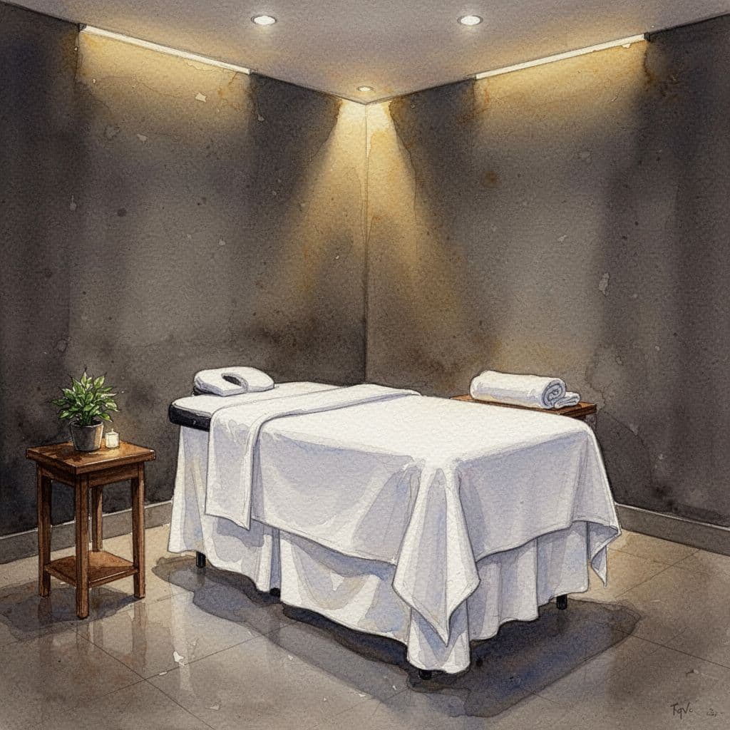 A watercolor-style massage room features a single white bed and warm ambient lighting in a peaceful setting.