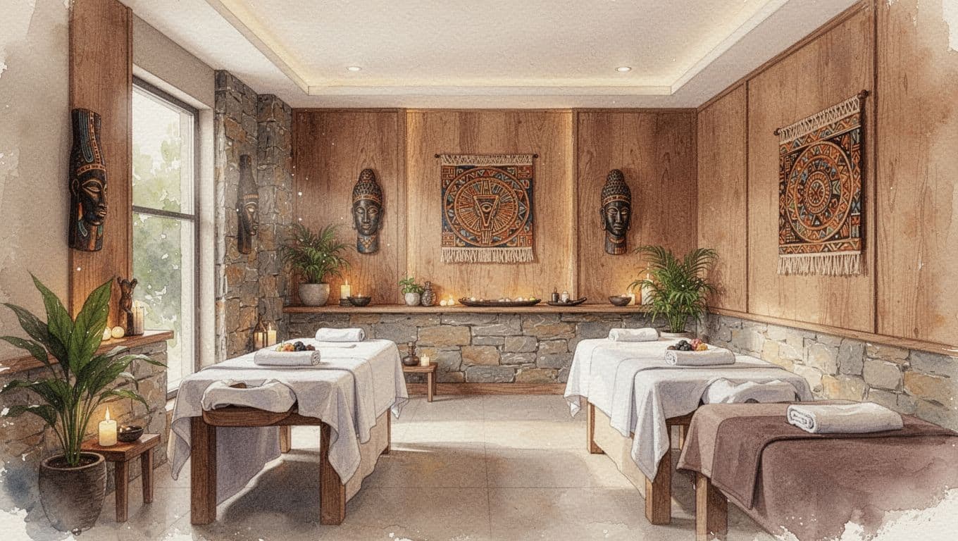 A peaceful spa room with soft warm lighting and natural wooden decor in a watercolor style.