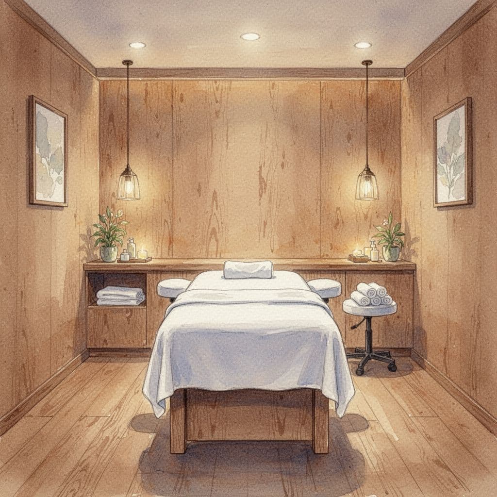 A calm spa room with warm wood tones and a prepared massage table in watercolor style.