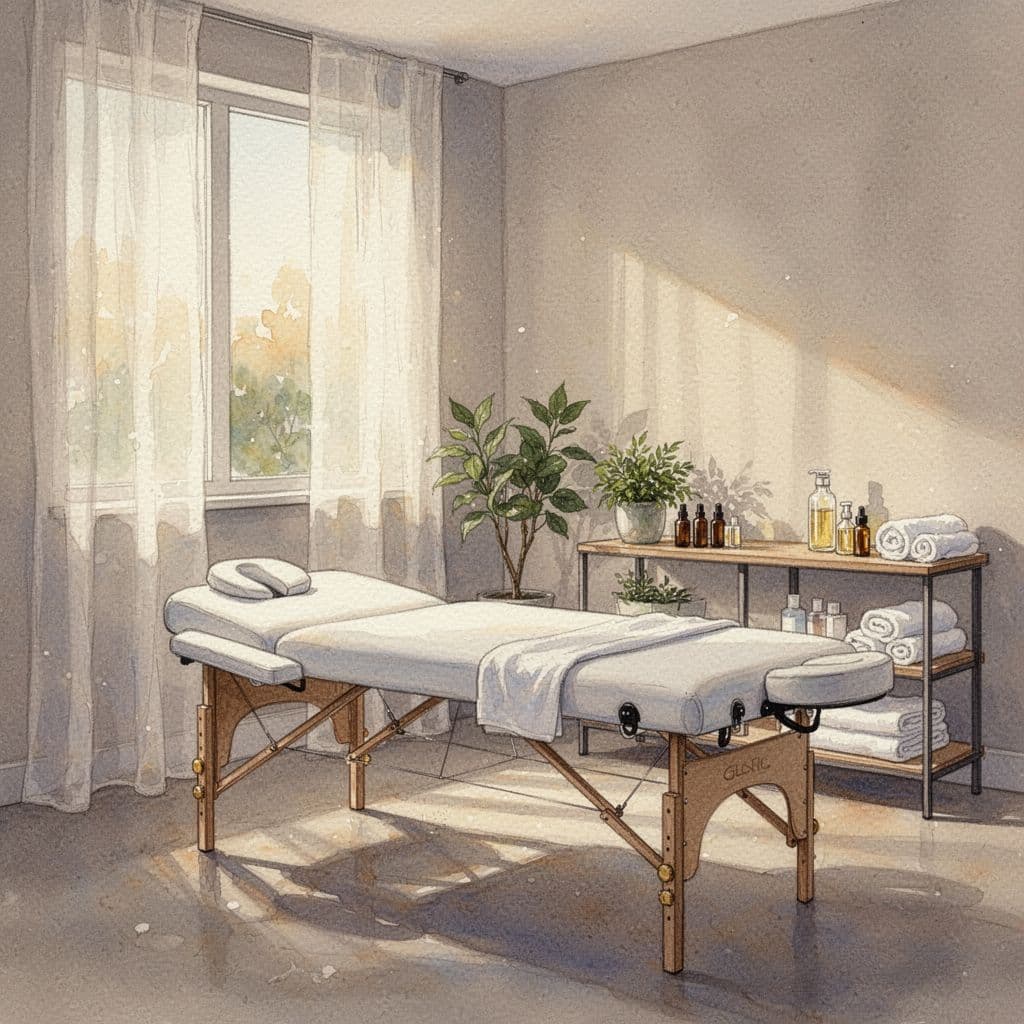 A peaceful massage room features soft natural light, a professional table, and calming spa decor.