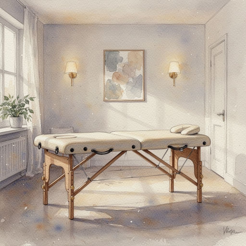 Massage room with wooden table, soft warm lighting, minimalist decor in watercolor style with brush texture.