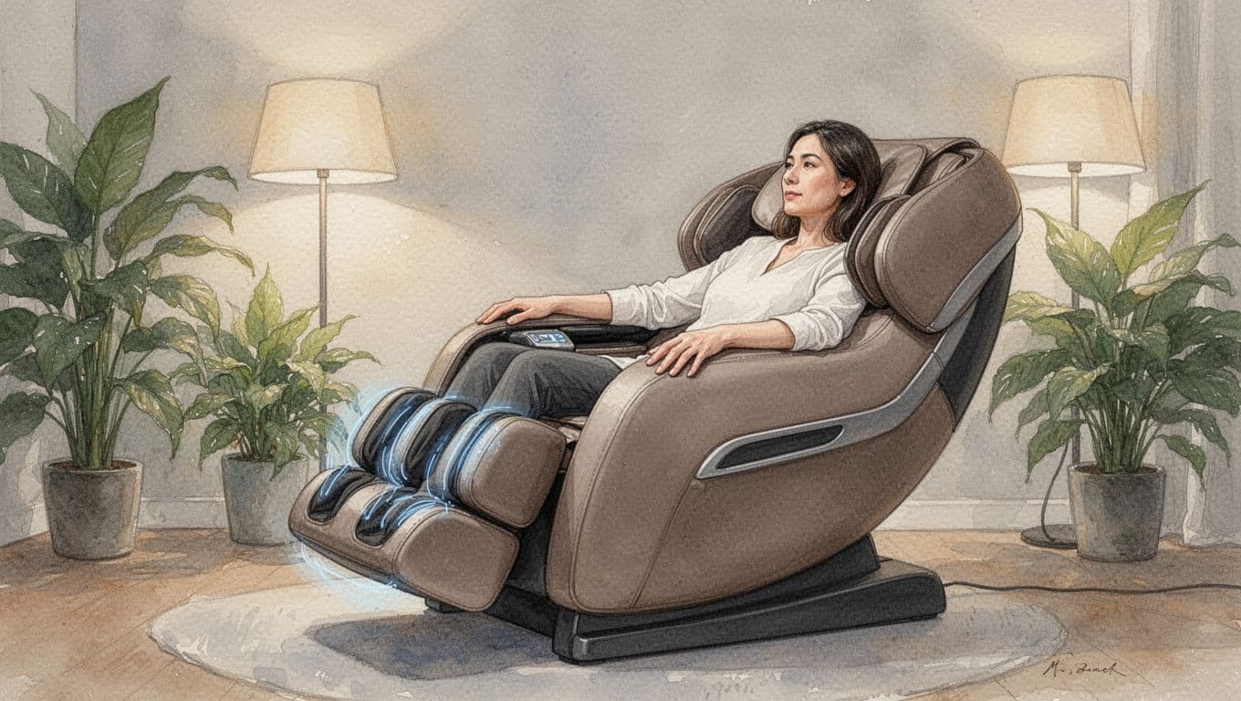 Side view of relaxed adult reclining in zero-gravity position on full-body massage chair with active foot massagers in cozy plant-filled room, watercolor style.