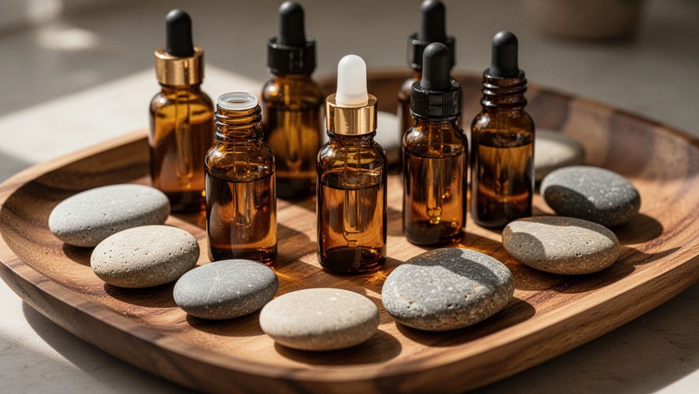 Amber oil bottles and smooth stones arranged on a wooden spa tray.