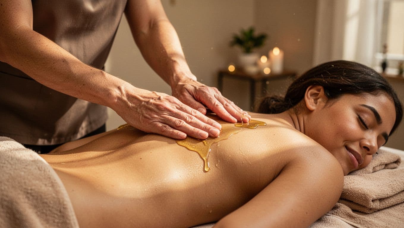 Therapist giving a relaxing back massage in a warmly lit spa room.