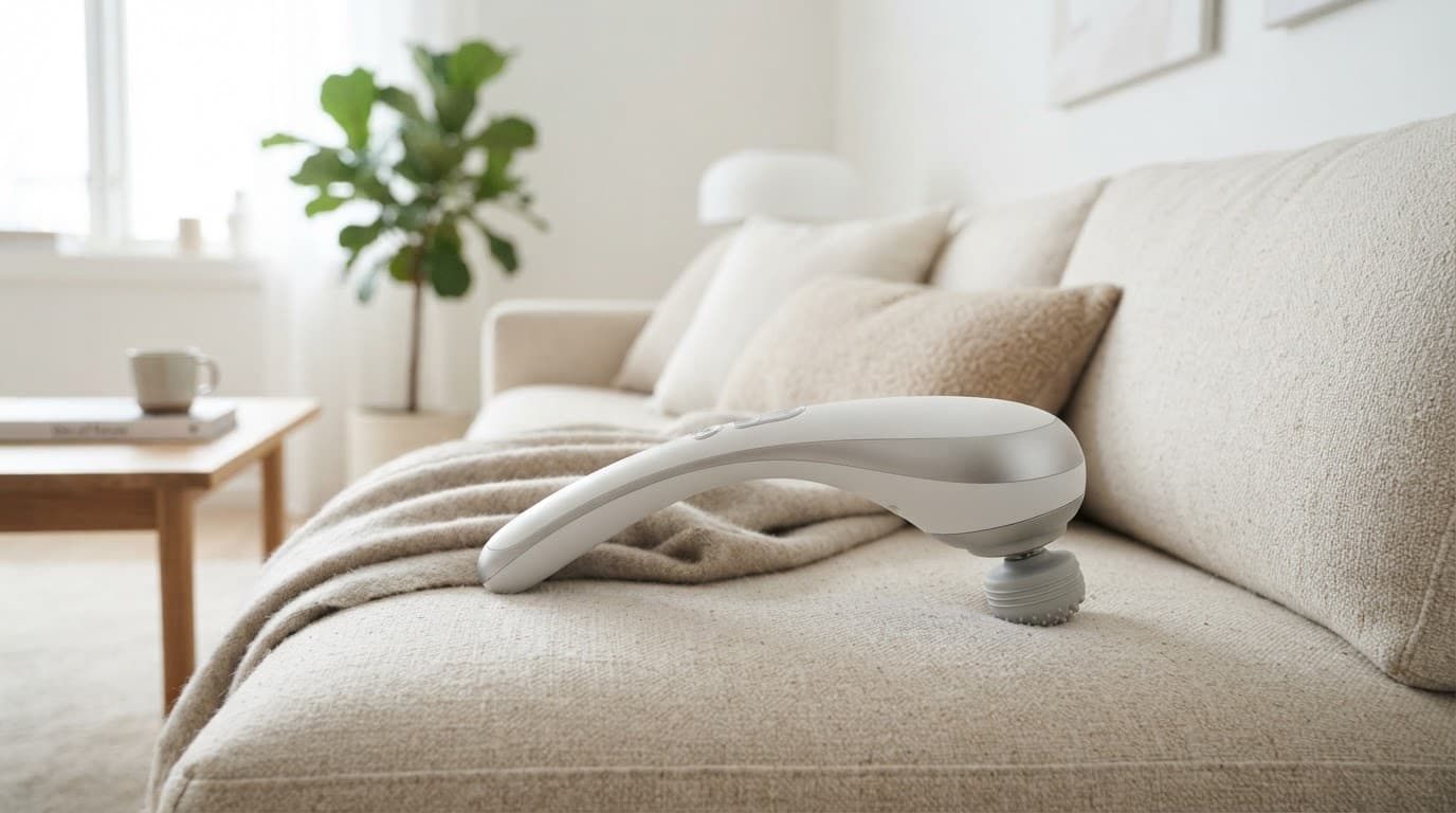 An ergonomic back massager resting on a textured sofa in a bright room.