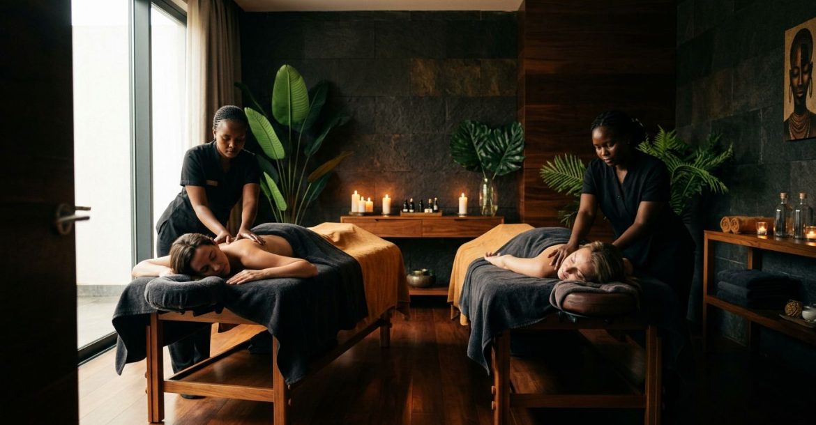 Two people receiving side-by-side massages in a luxurious candlelit spa room.