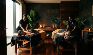 Two people receiving side-by-side massages in a luxurious candlelit spa room.