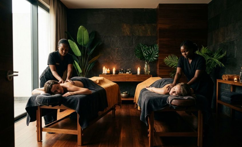 Two people receiving side-by-side massages in a luxurious candlelit spa room.