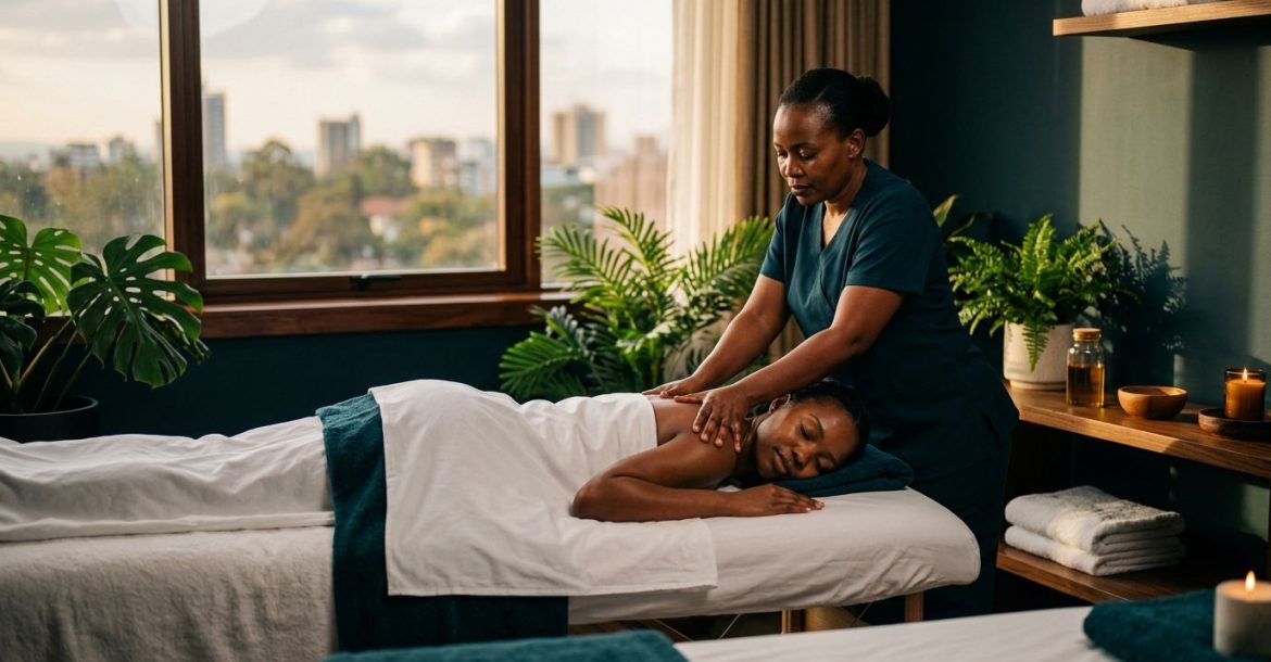 A therapist massages a client's shoulders inside a warm, luxurious spa in Nairobi.