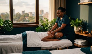 A therapist massages a client's shoulders inside a warm, luxurious spa in Nairobi.