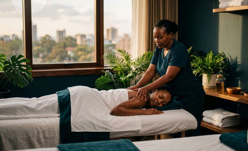 A therapist massages a client's shoulders inside a warm, luxurious spa in Nairobi.