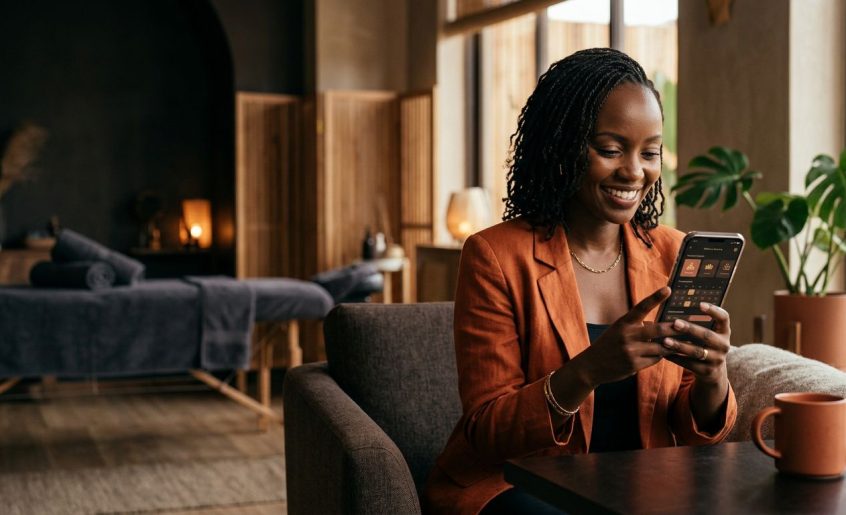A smiling woman in a Nairobi wellness lounge uses a smartphone app to book a massage.