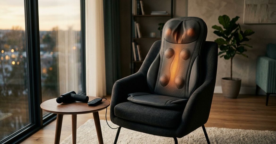 A modern grey massage cushion on an armchair with a remote and massage gun nearby.