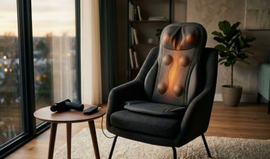 A modern grey massage cushion on an armchair with a remote and massage gun nearby.