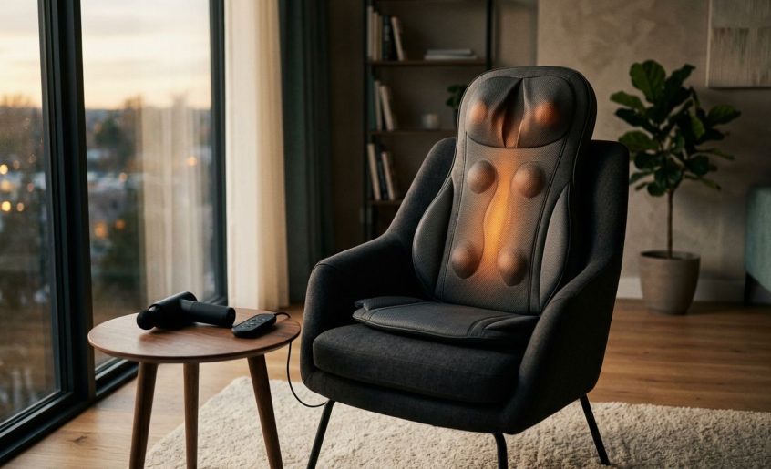 A modern grey massage cushion on an armchair with a remote and massage gun nearby.