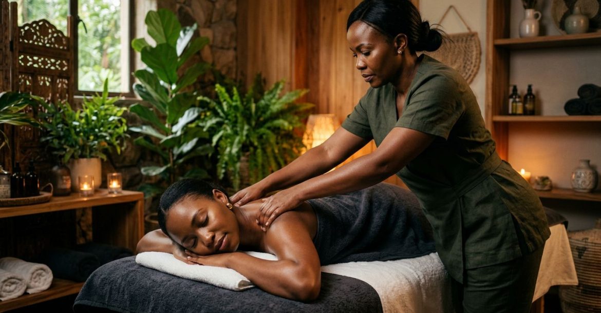 A therapist giving a shoulder massage to a relaxed woman in a serene spa room.