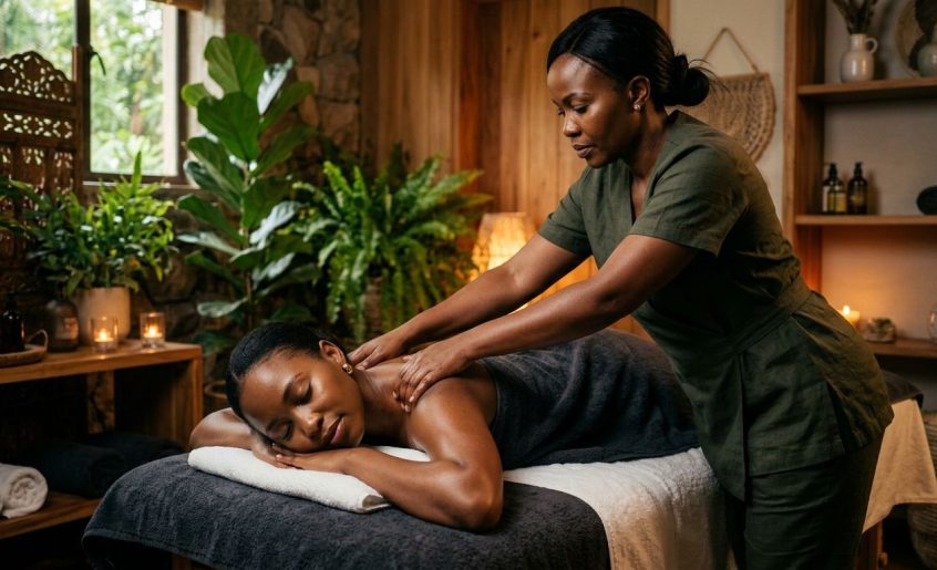 A therapist giving a shoulder massage to a relaxed woman in a serene spa room.