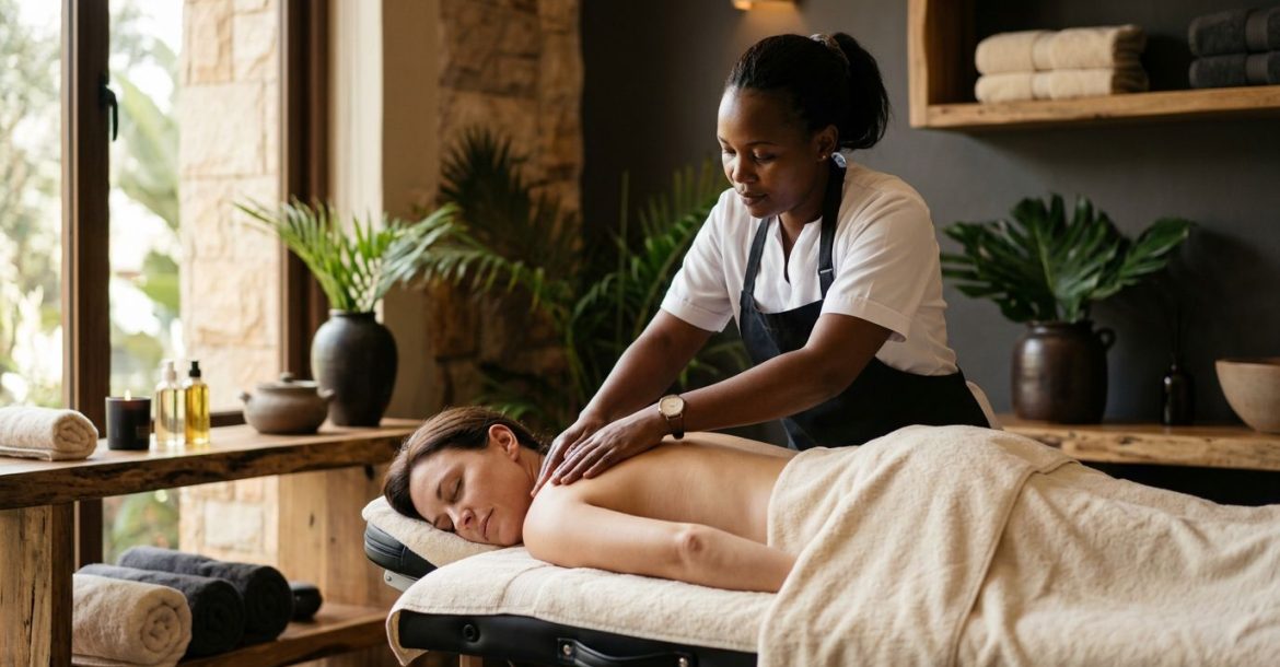 A therapist massages a client's shoulders in a calm Nairobi spa.