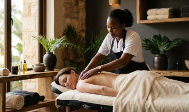A therapist massages a client's shoulders in a calm Nairobi spa.
