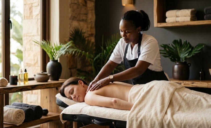 A therapist massages a client's shoulders in a calm Nairobi spa.