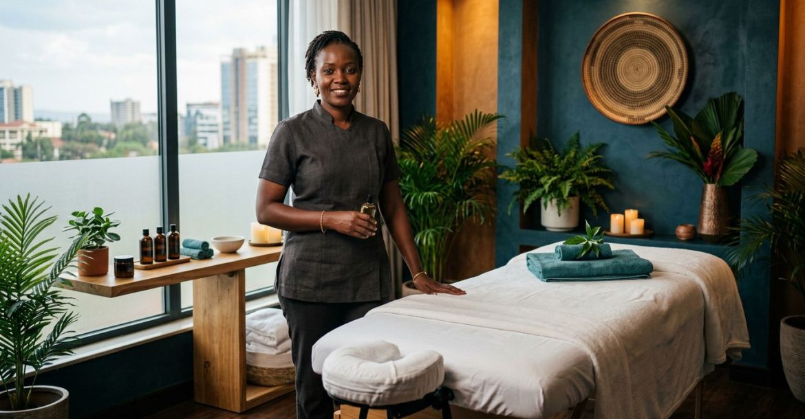 A friendly therapist standing next to a clean massage table in a warm Nairobi spa.