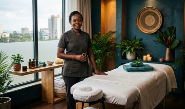 A friendly therapist standing next to a clean massage table in a warm Nairobi spa.