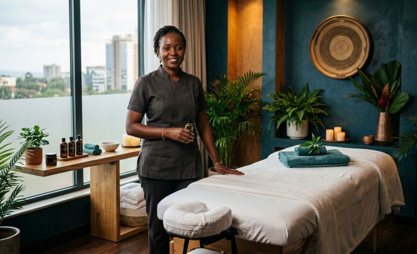 A friendly therapist standing next to a clean massage table in a warm Nairobi spa.