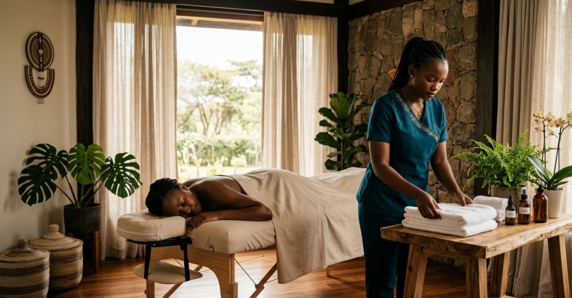 Therapist arranging towels beside a client on a spa table.