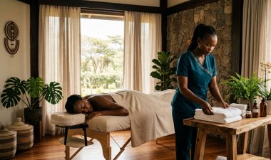 Therapist arranging towels beside a client on a spa table.