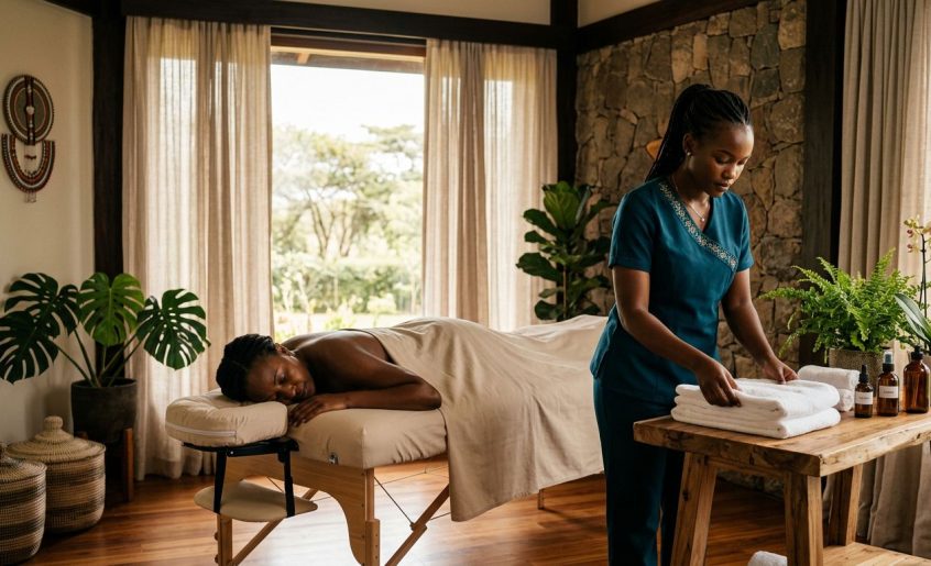 Therapist arranging towels beside a client on a spa table.