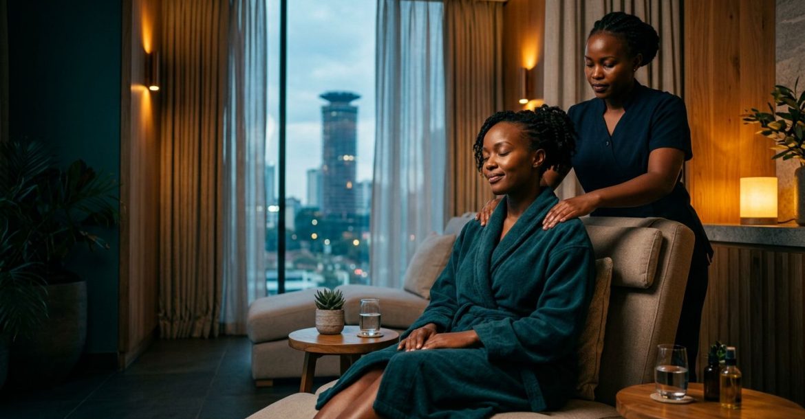 A therapist massages a relaxed woman's shoulders inside a warm, upscale Nairobi spa.