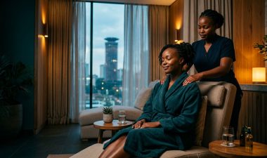 A therapist massages a relaxed woman's shoulders inside a warm, upscale Nairobi spa.