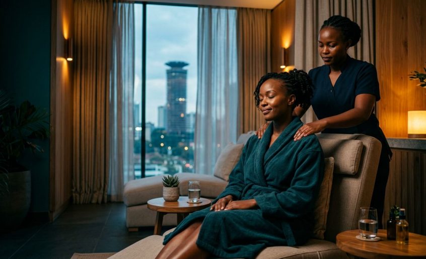 A therapist massages a relaxed woman's shoulders inside a warm, upscale Nairobi spa.