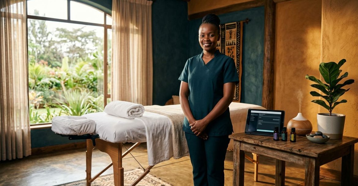 A smiling therapist stands beside a prepared massage table in a warm, professional spa.
