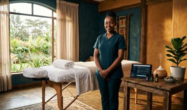 A smiling therapist stands beside a prepared massage table in a warm, professional spa.