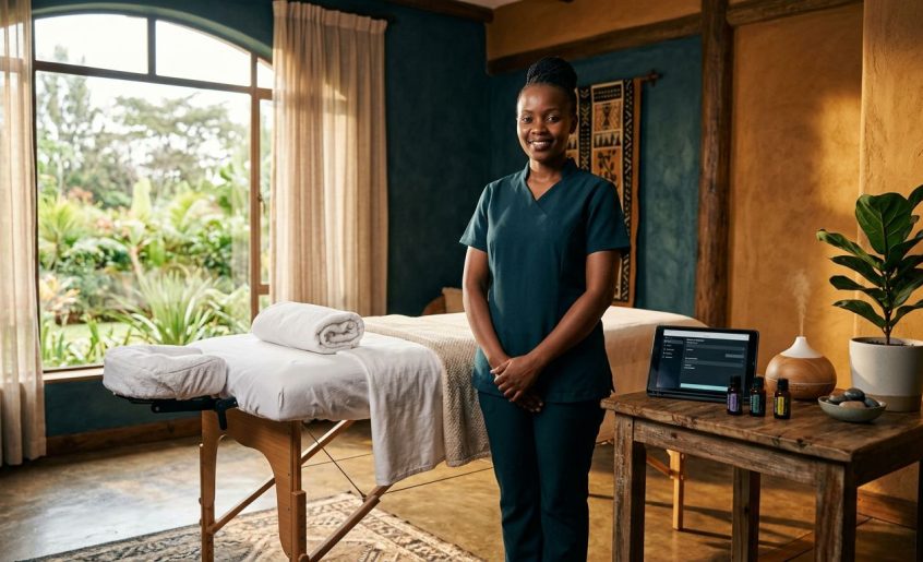A smiling therapist stands beside a prepared massage table in a warm, professional spa.