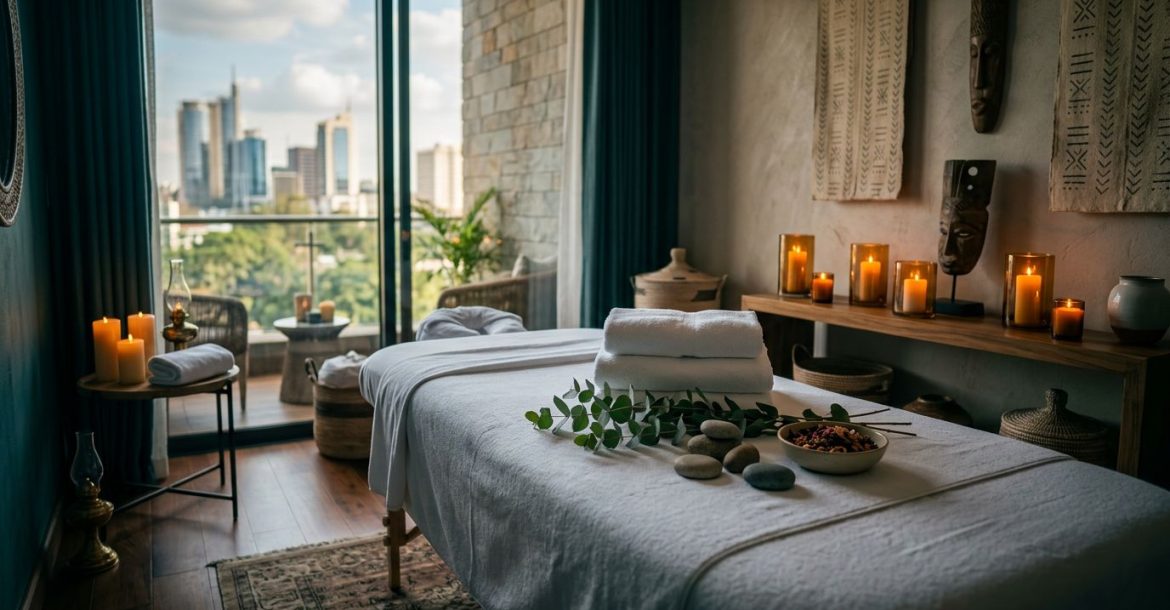 A serene Nairobi spa treatment room with a massage table, candles, and skyline view.