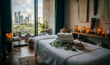 A serene Nairobi spa treatment room with a massage table, candles, and skyline view.