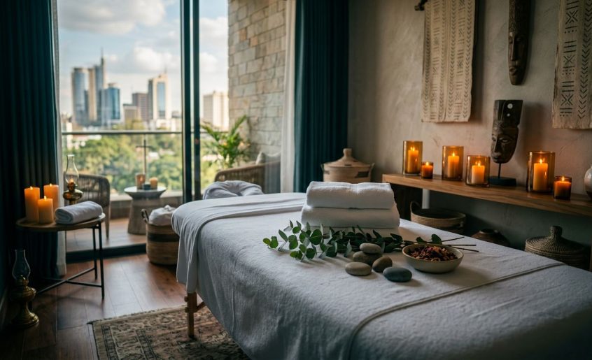 A serene Nairobi spa treatment room with a massage table, candles, and skyline view.