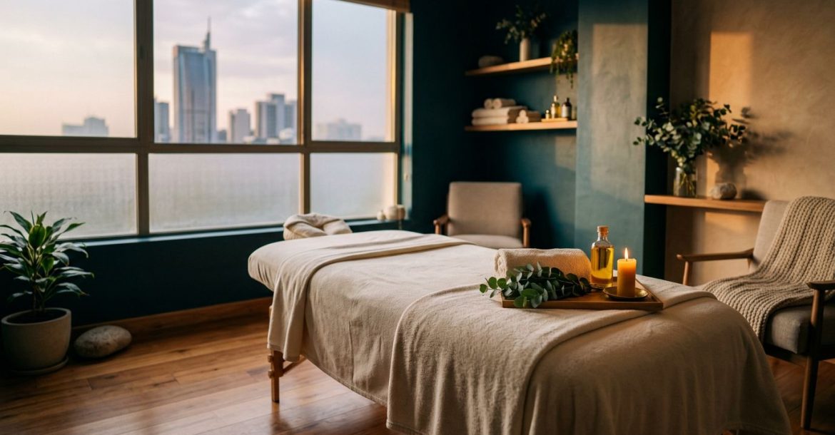 A prepared spa massage table with towels and eucalyptus in a calm room.