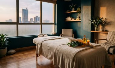 A prepared spa massage table with towels and eucalyptus in a calm room.