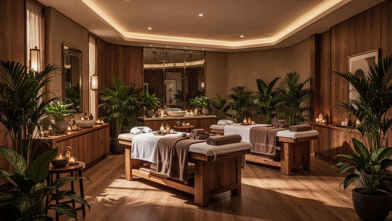 An upscale massage room with wooden furniture and warm lighting.