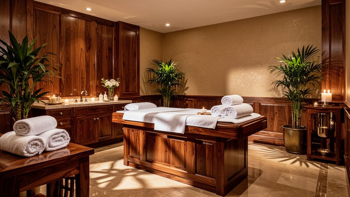 A serene massage treatment room with warm lighting, wooden furniture, and rolled white towels.