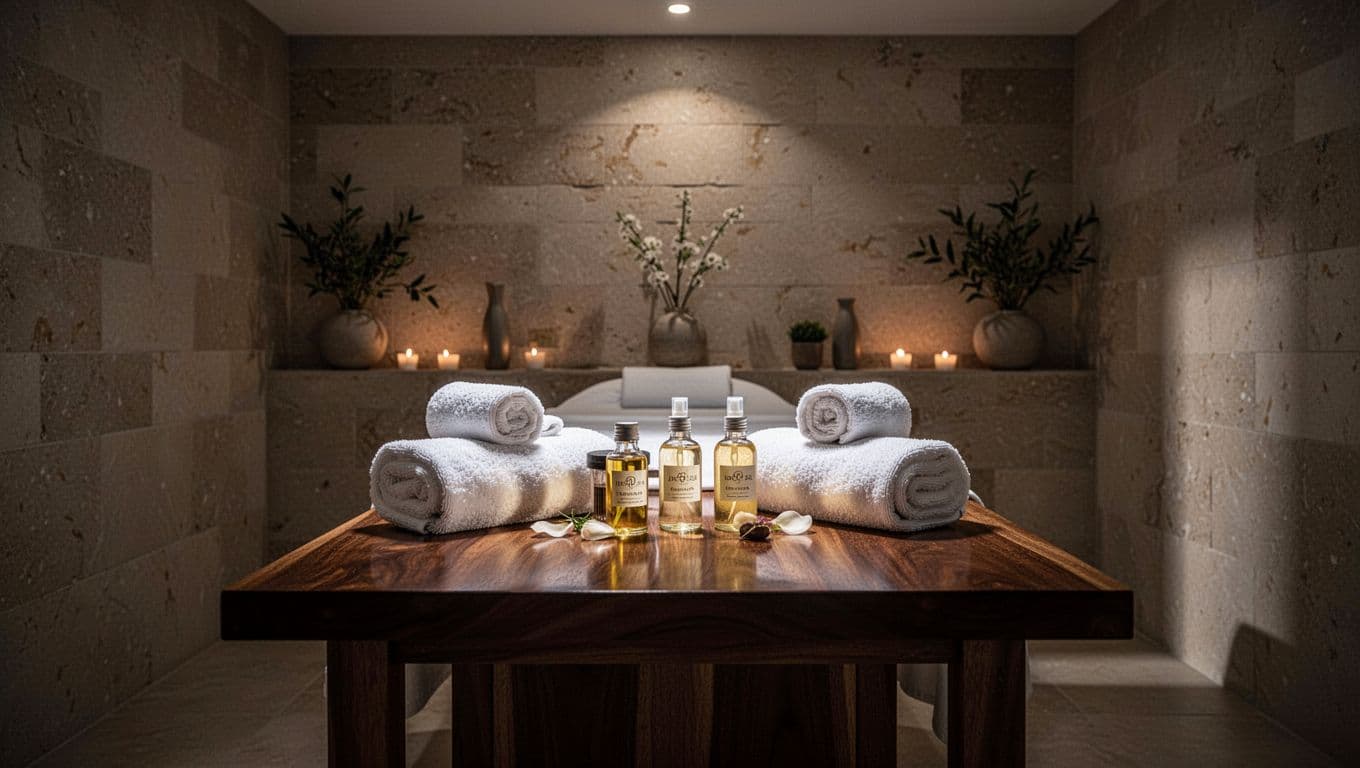 A tranquil spa room in Nairobi featuring rolled towels and aromatic oils on a wooden table.