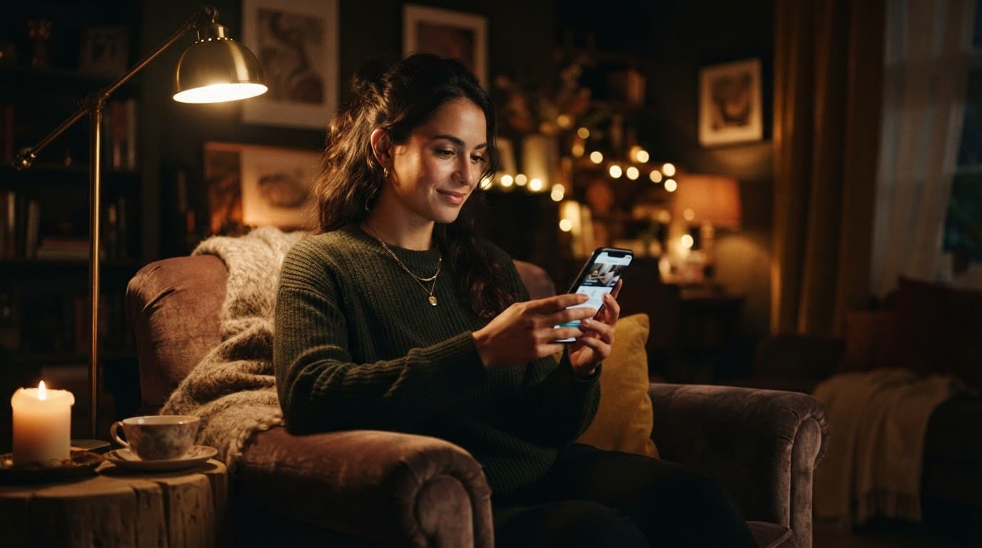 A person using a smartphone to book an appointment in a warm room.