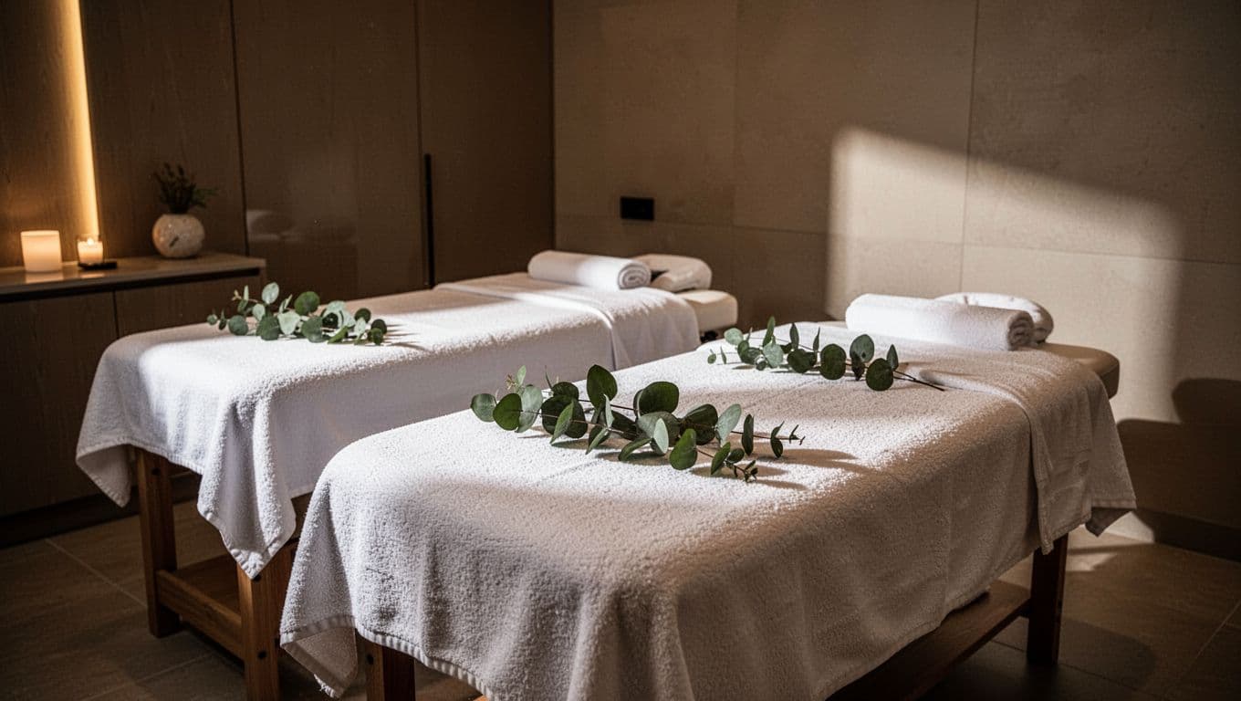 Two massage tables with white towels and eucalyptus in a softly lit spa room.