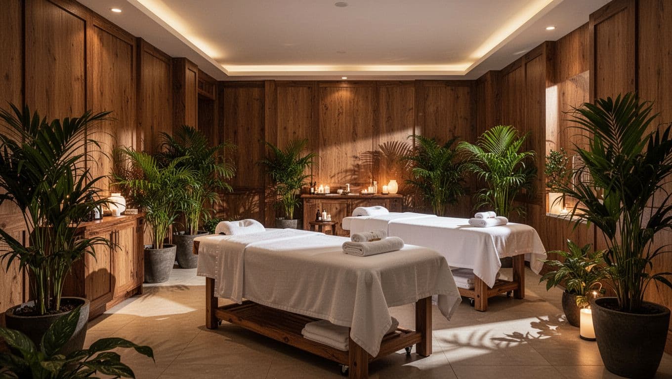 A tranquil massage room with treatment beds and warm lighting.