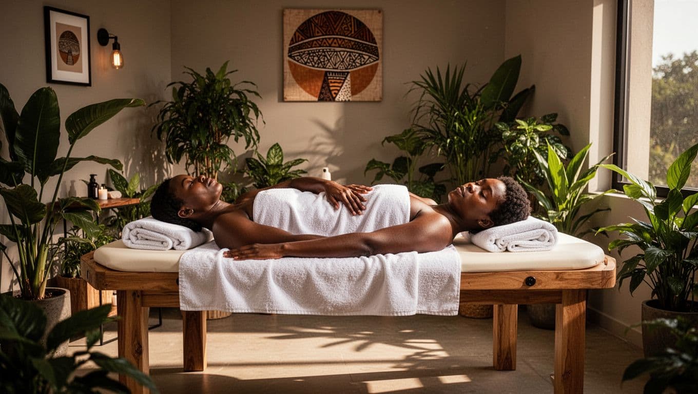 A tranquil massage room in Nairobi featuring a wooden table, soft lighting, and indoor plants.